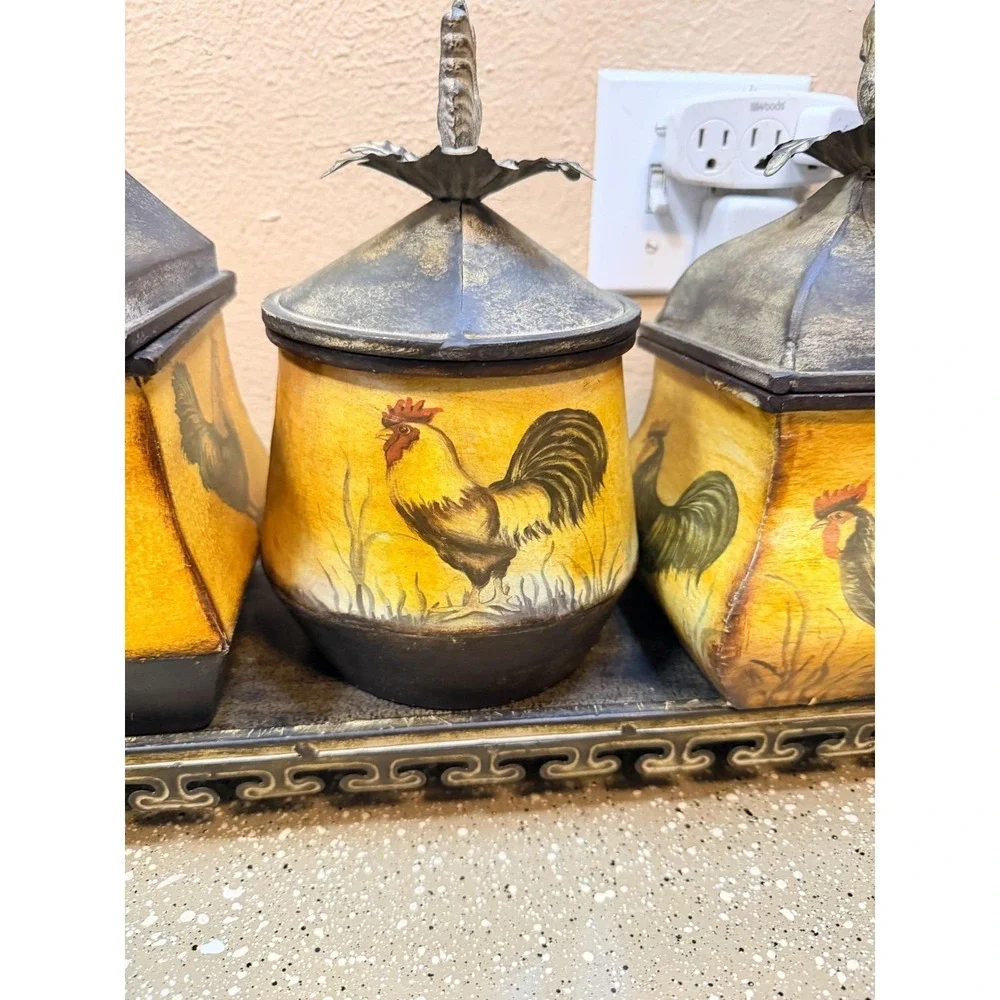 Vintage CBK Country Rustic‎ Kitchen Storage Canister Rooster Set w Tray 18x12x6